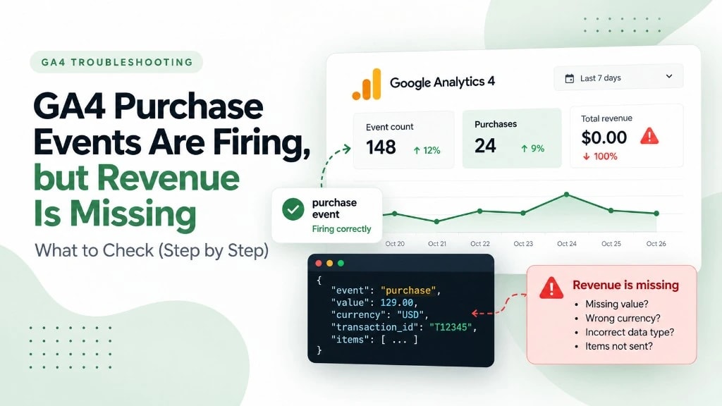 Illustration of GA4 purchase events being recorded while purchase revenue remains zero