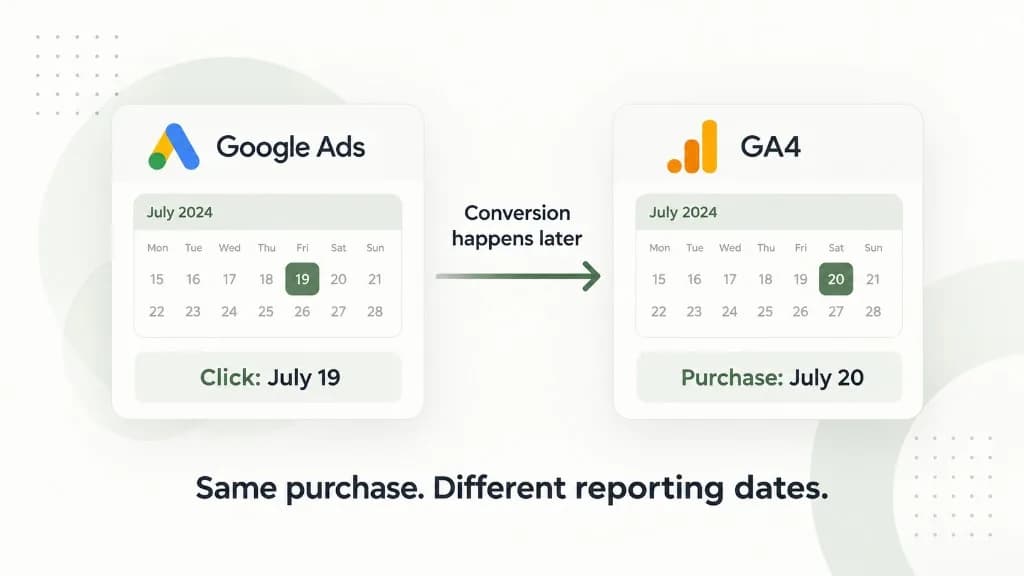 Google Ads click recorded on July 19 and GA4 purchase recorded on July 20, explaining conversion reporting date differences
